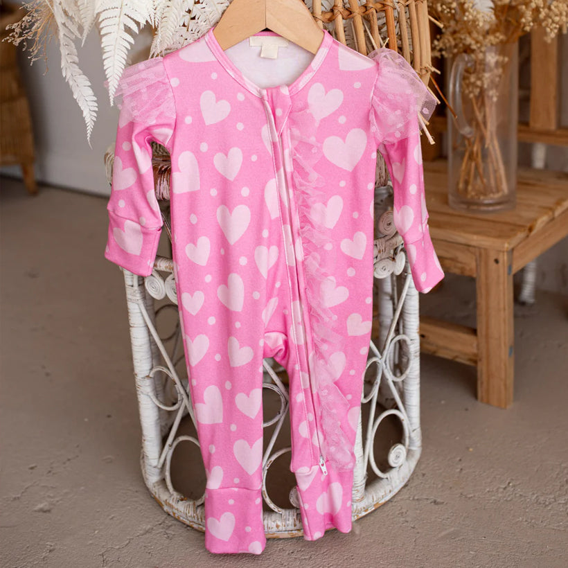 2PCS Pretty Heart Print Tulle Zipper Long Sleeve Baby Jumpsuit