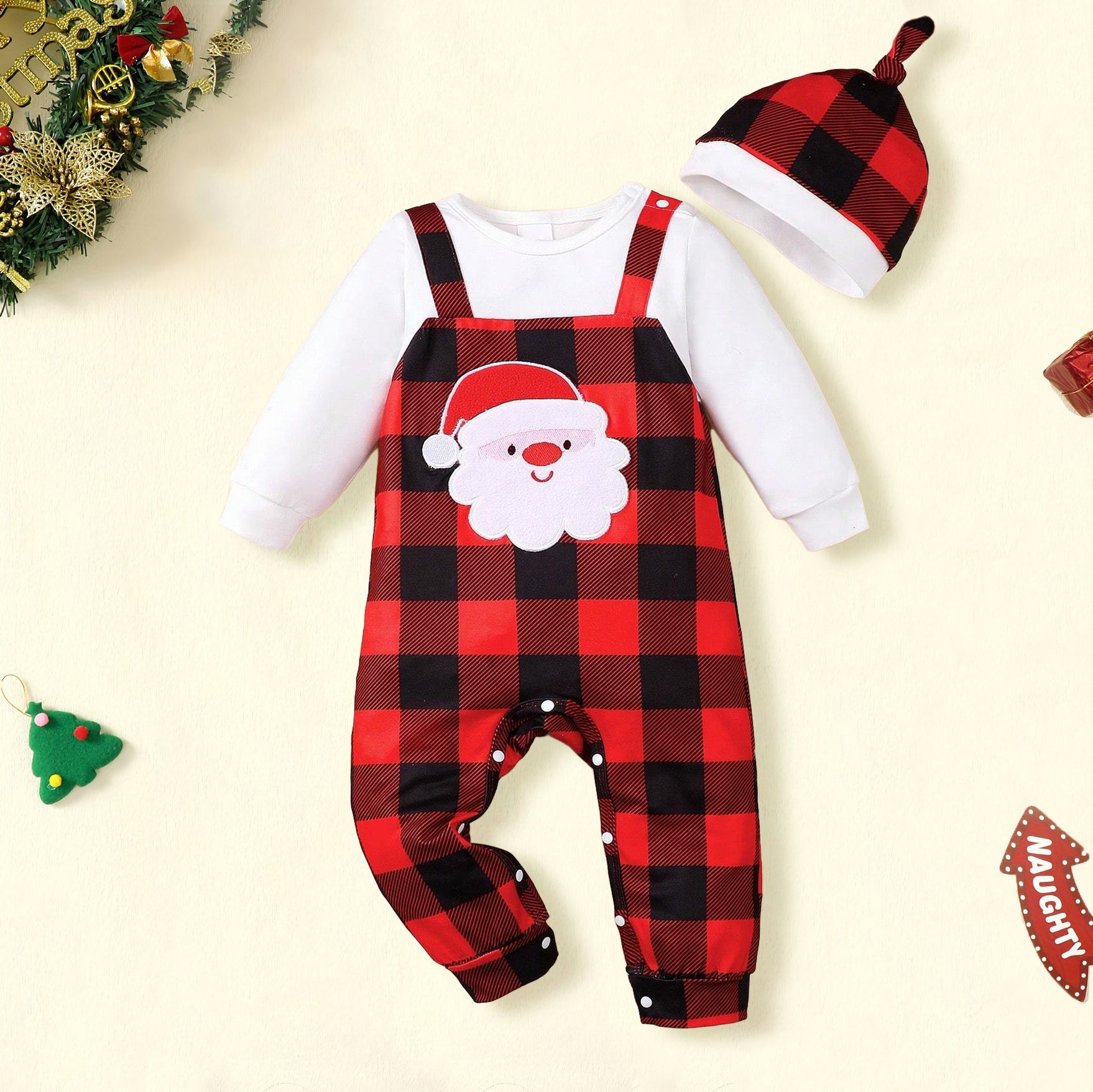 2PCS Christmas Santa Plaid Printed Long Sleeve Baby Jumpsuit