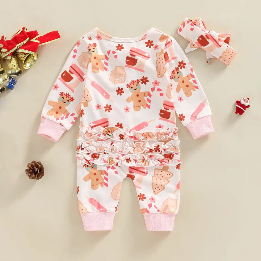 2PCS Lovely Christmas Gingerbread Printed Long Sleeve Baby Jumpsuit