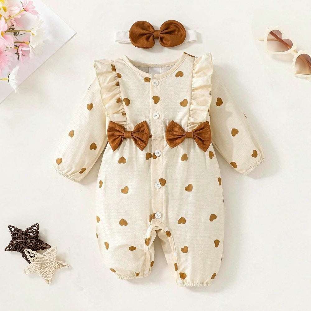 2PCS Delightful Heart Print Ruffle Long Sleeve Baby Girl Jumpsuit