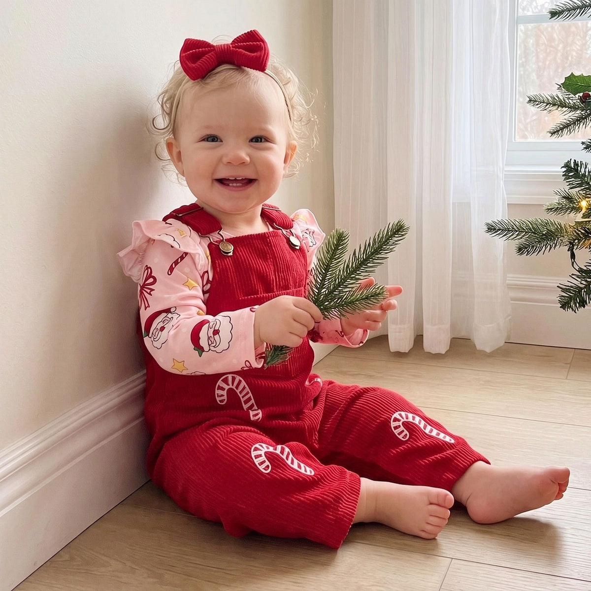3PCS Letter Candy Cane Embroidery and Santa Print Baby Overalls Set