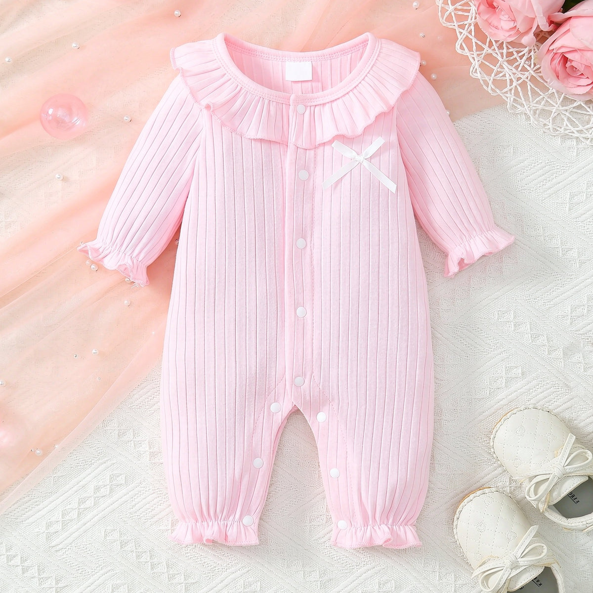 Cozy Solid Color Long Sleeve Ruffle Baby Girl Jumpsuit