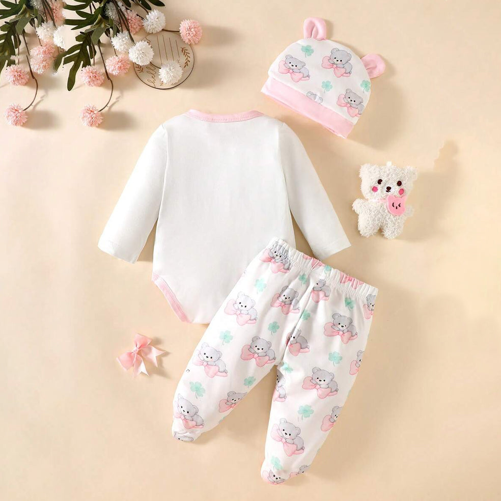3PCS Lovely Bow Bear and Clover Print Long Sleeve Baby Set
