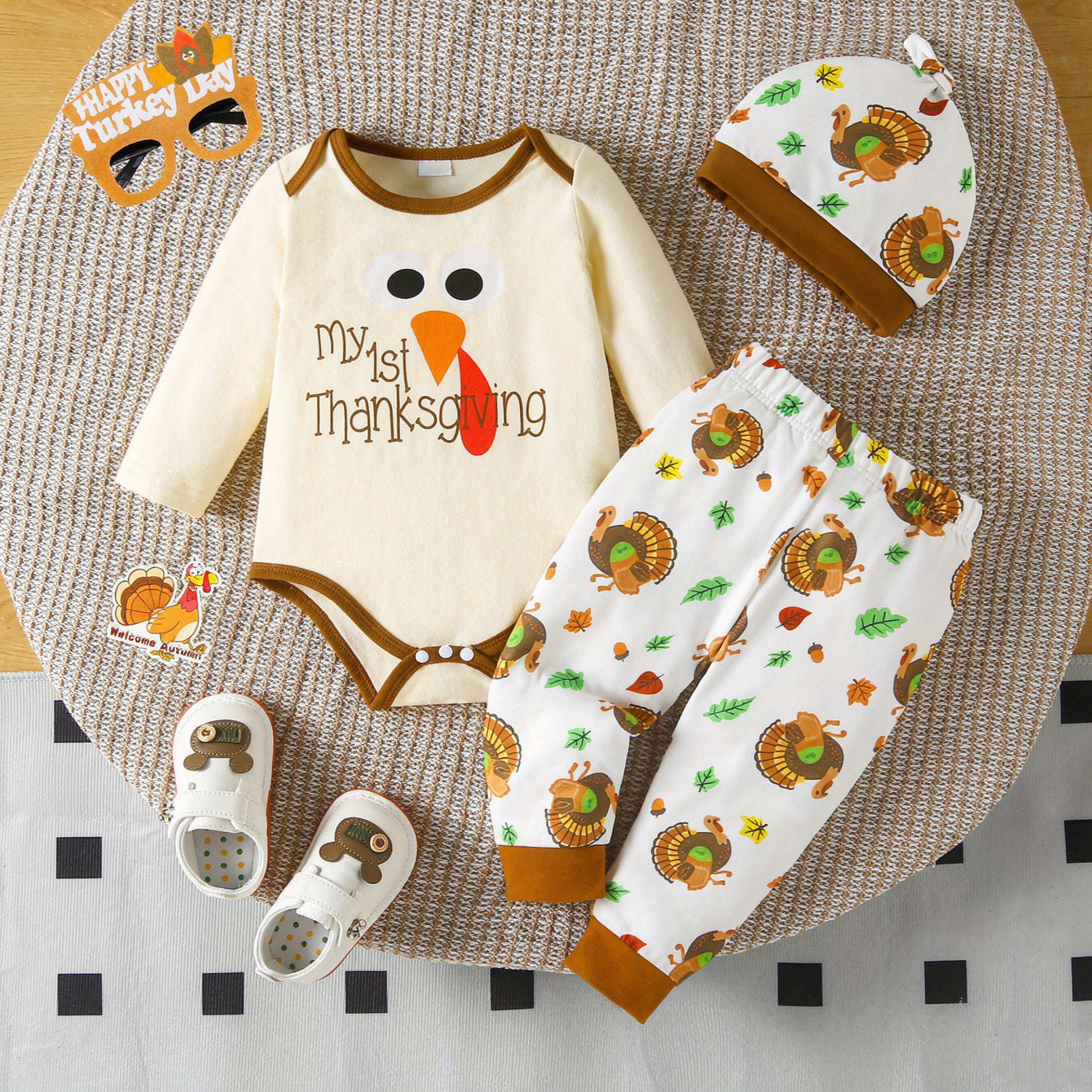 3PCS Cute My 1st Thanksgiving Letter Turkey Printed Baby Boy Set