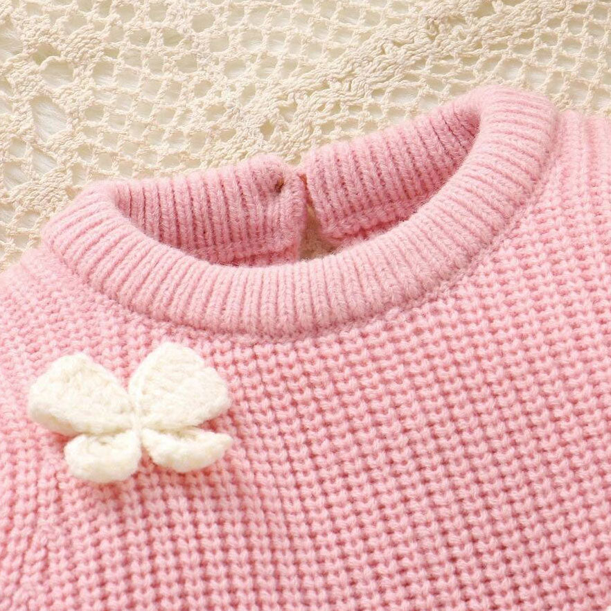 Adorable Solid Color Bowknot Appliqué Knit Long Sleeve Baby Jumpsuit