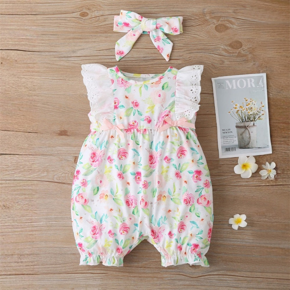 2PCS Summer Floral Printed Ruffled Sleeveless Baby Jumpsuit