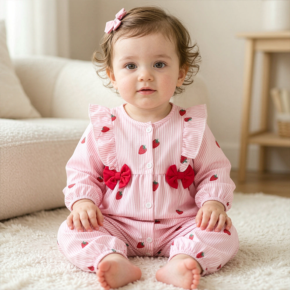 2PCS Casual Stripe Strawberry Print Long Sleeve Baby Jumpsuit