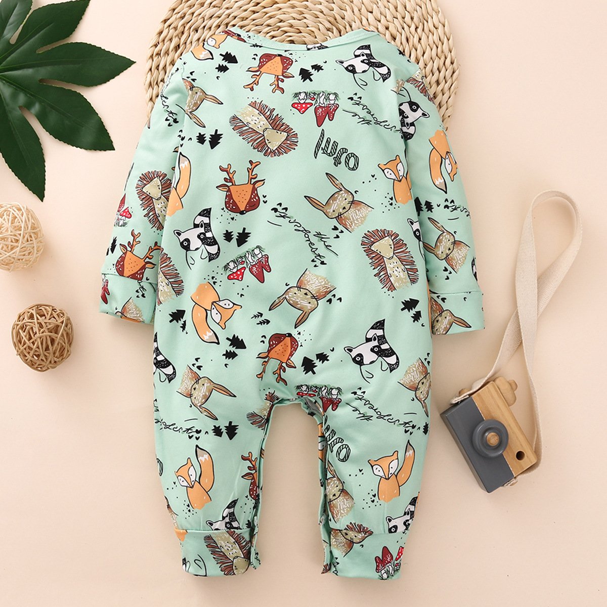 Cute Full Cartoon Plant And Animal Printed Long-sleeve Baby Jumpsuit