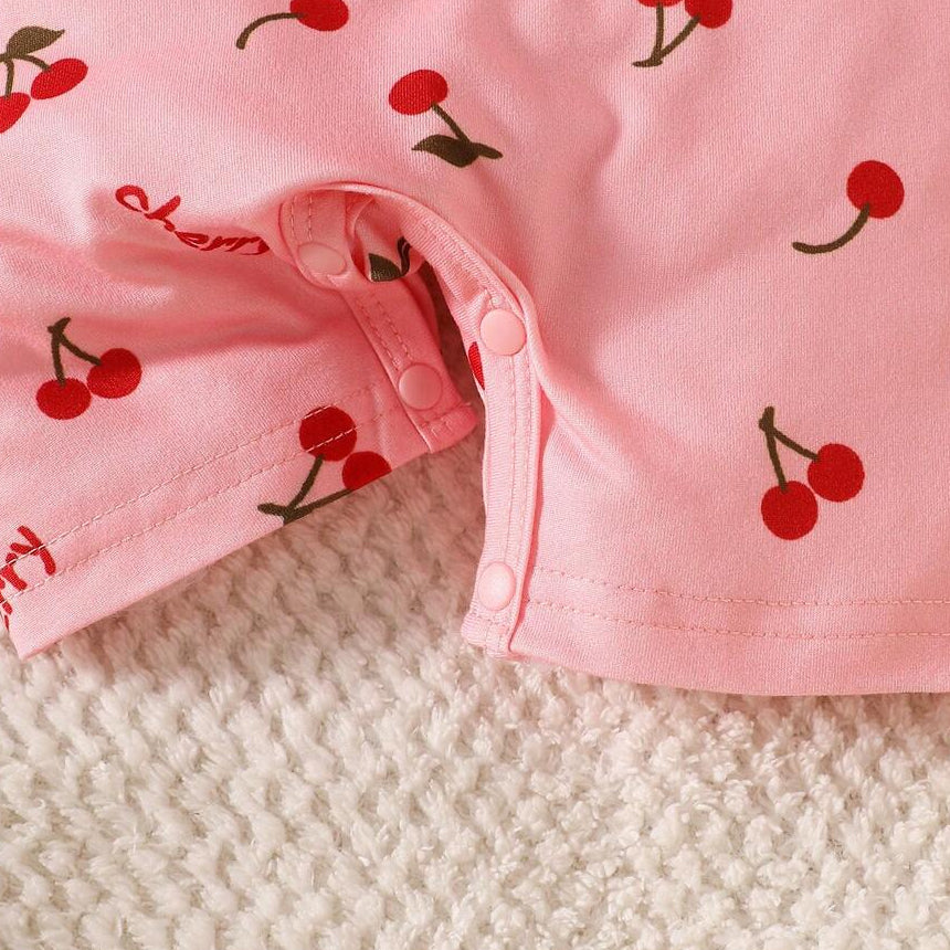 Elegant Cherry Print Short Sleeve Baby Jumpsuit