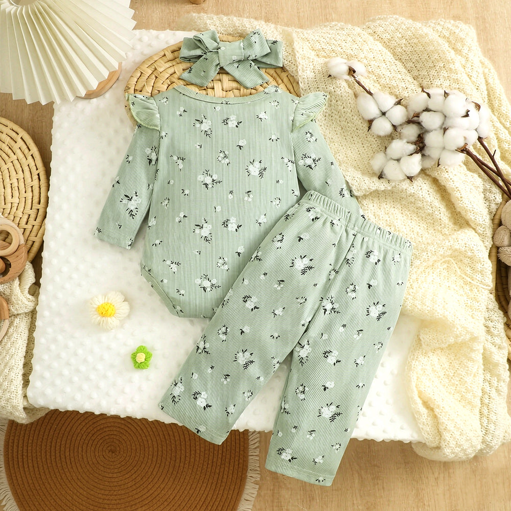 3PCS Floral Print Ruffled Long Sleeve Baby Set