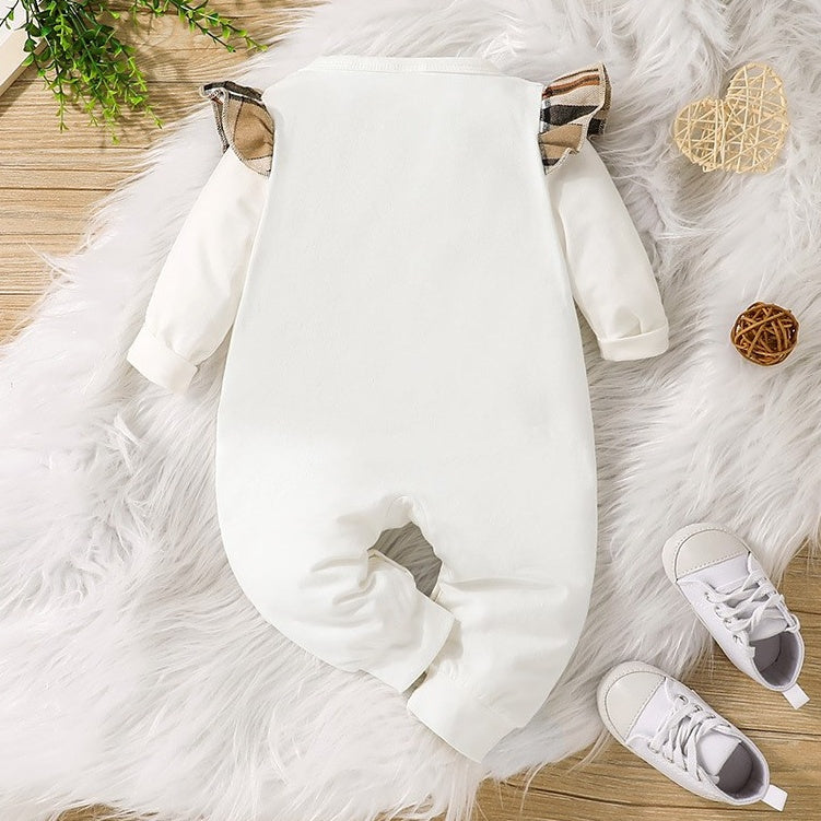 Cute Heart Plaid Appliqué Patch Long Sleeve Baby Jumpsuit