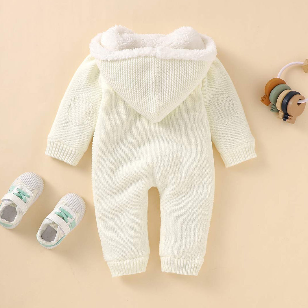 Cozy Solid Color Knitted Plush Hooded Baby Jumpsuit