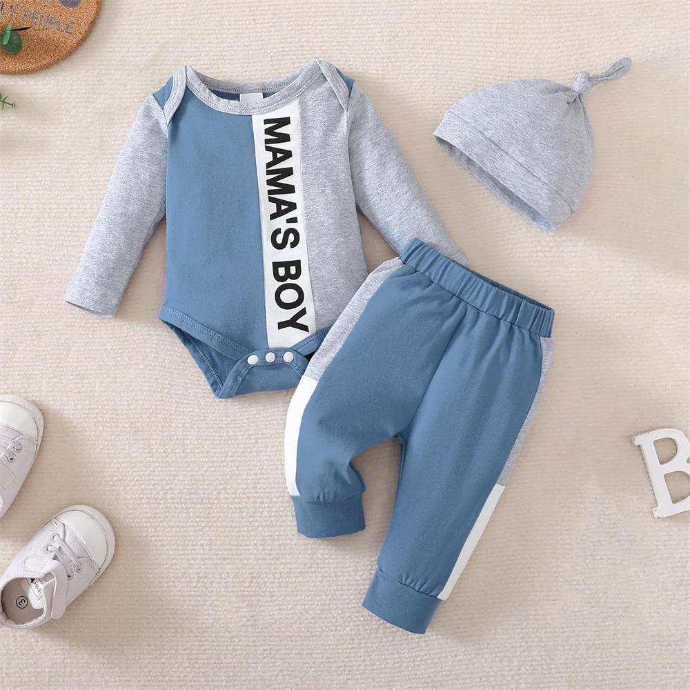 3PCS Mama' Boy Letter Print Long Sleeve Baby Set