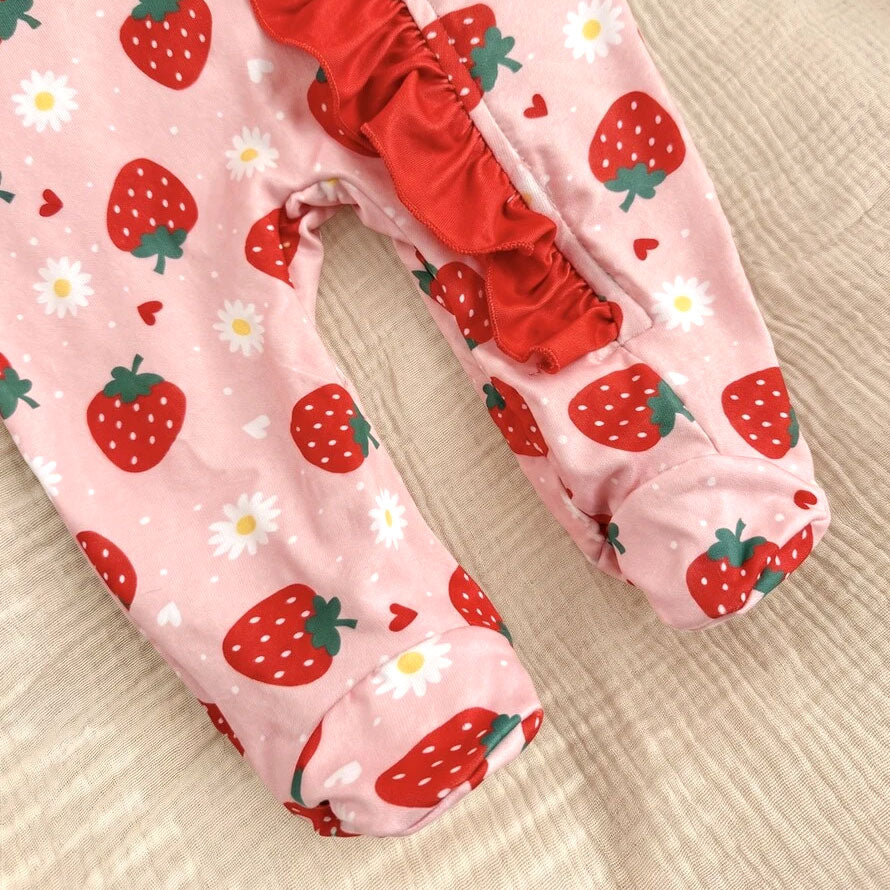 2PCS Bubbly Strawberry Print Long Sleeve Zipper Baby Jumpsuit