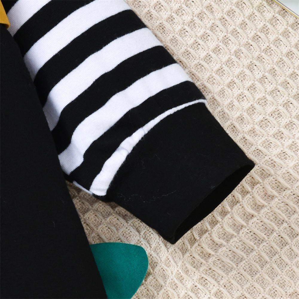 2PCS Little Monster Print Striped Long Sleeve Baby Jumpsuit