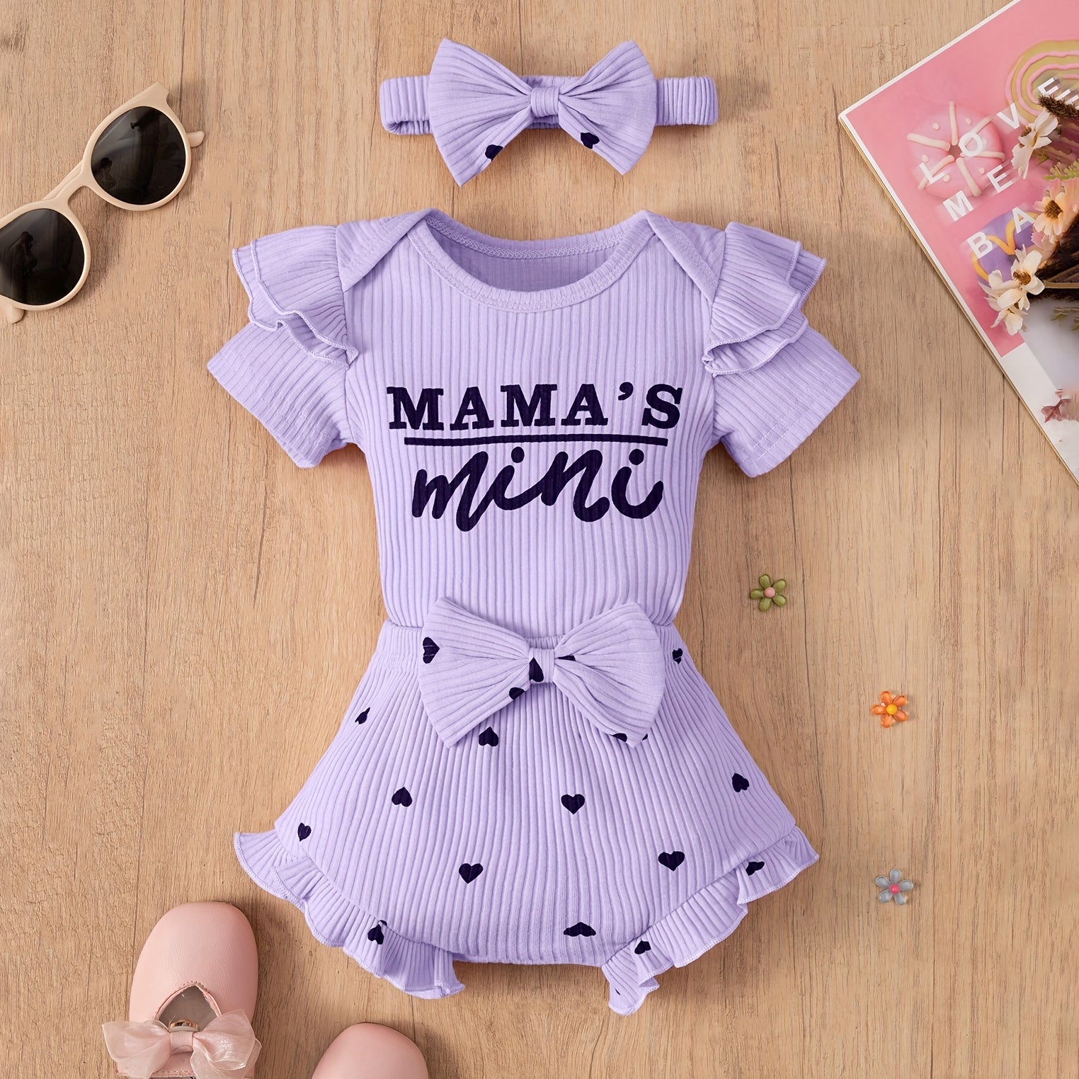 3PCS Mama's Mini Letter And Heart Printed Shorts Baby Set