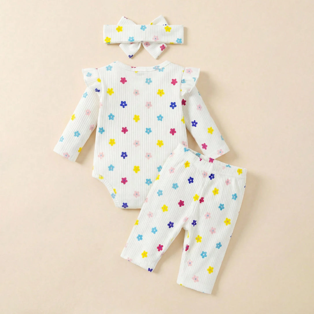 3PCS Cute All-Over Floral Printed Long Sleeve Baby Set