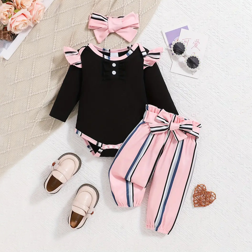 3PCS Lovely Stripe Printed Bow Decoration Long Sleeve Baby Girl Set