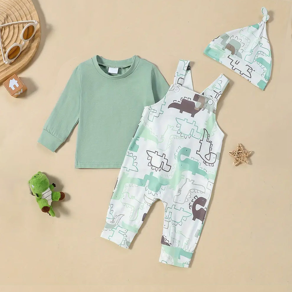 3PCS Cute Dinosaur Printed Long Sleeve Baby Overalls Set