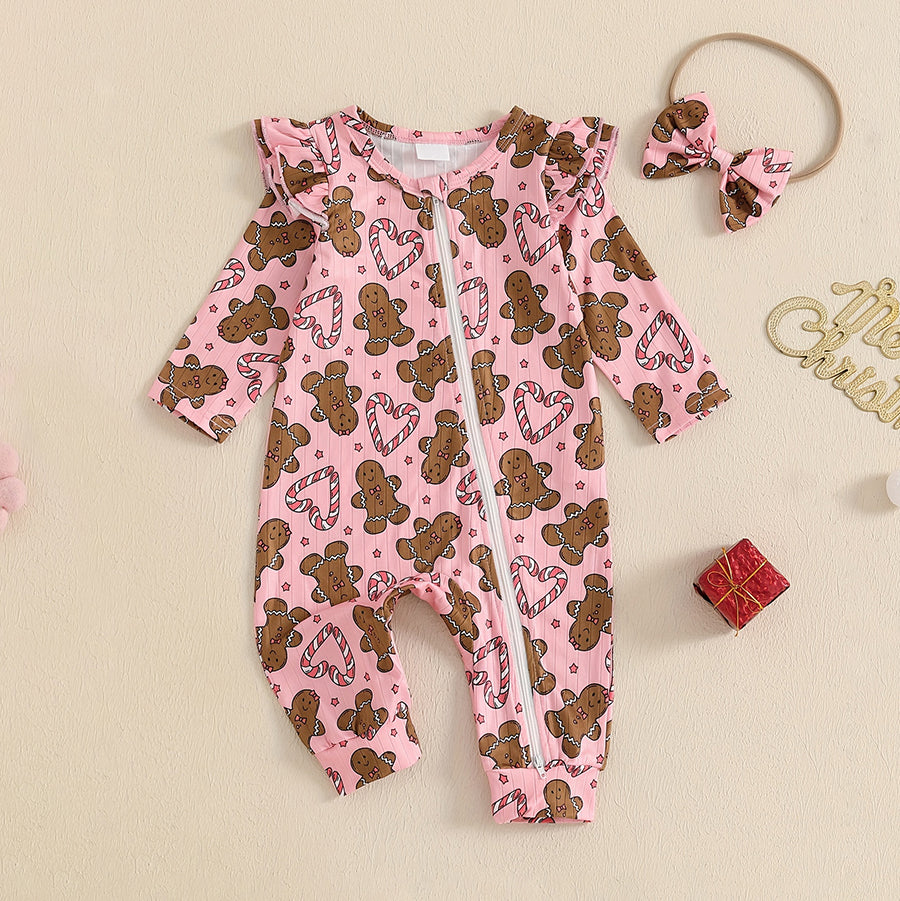 2PCS Gingerbread Candy Printed Long Sleeve Baby Jumpsuit