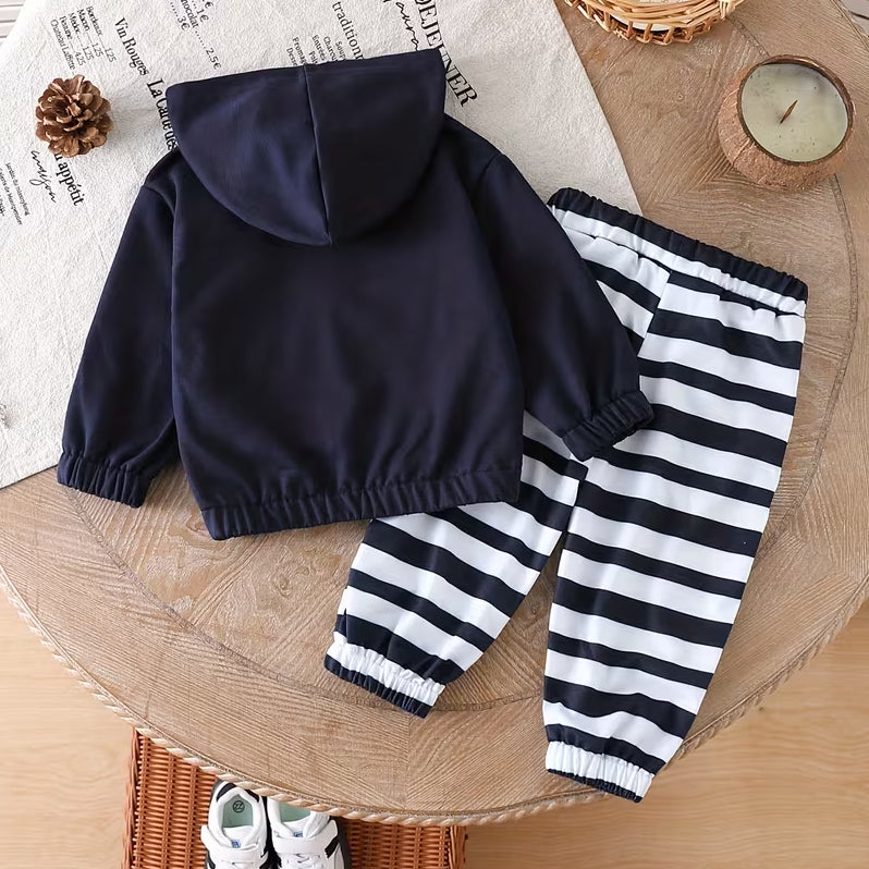 2PCS Bear Stripe Printed Hoodie Baby Set