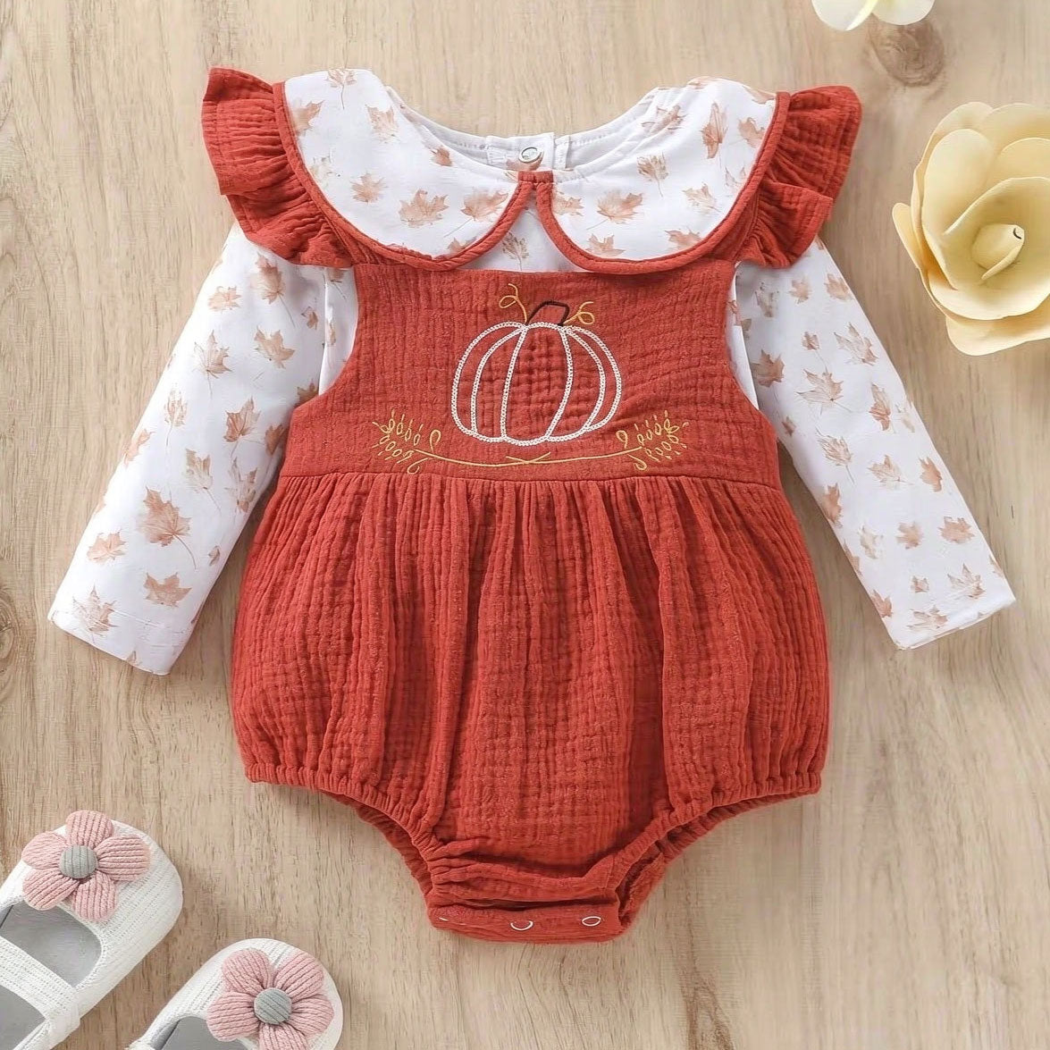 2PCS Pumpkin Embroidery Maple Leaf Printed Long Sleeve Baby Overalls Set