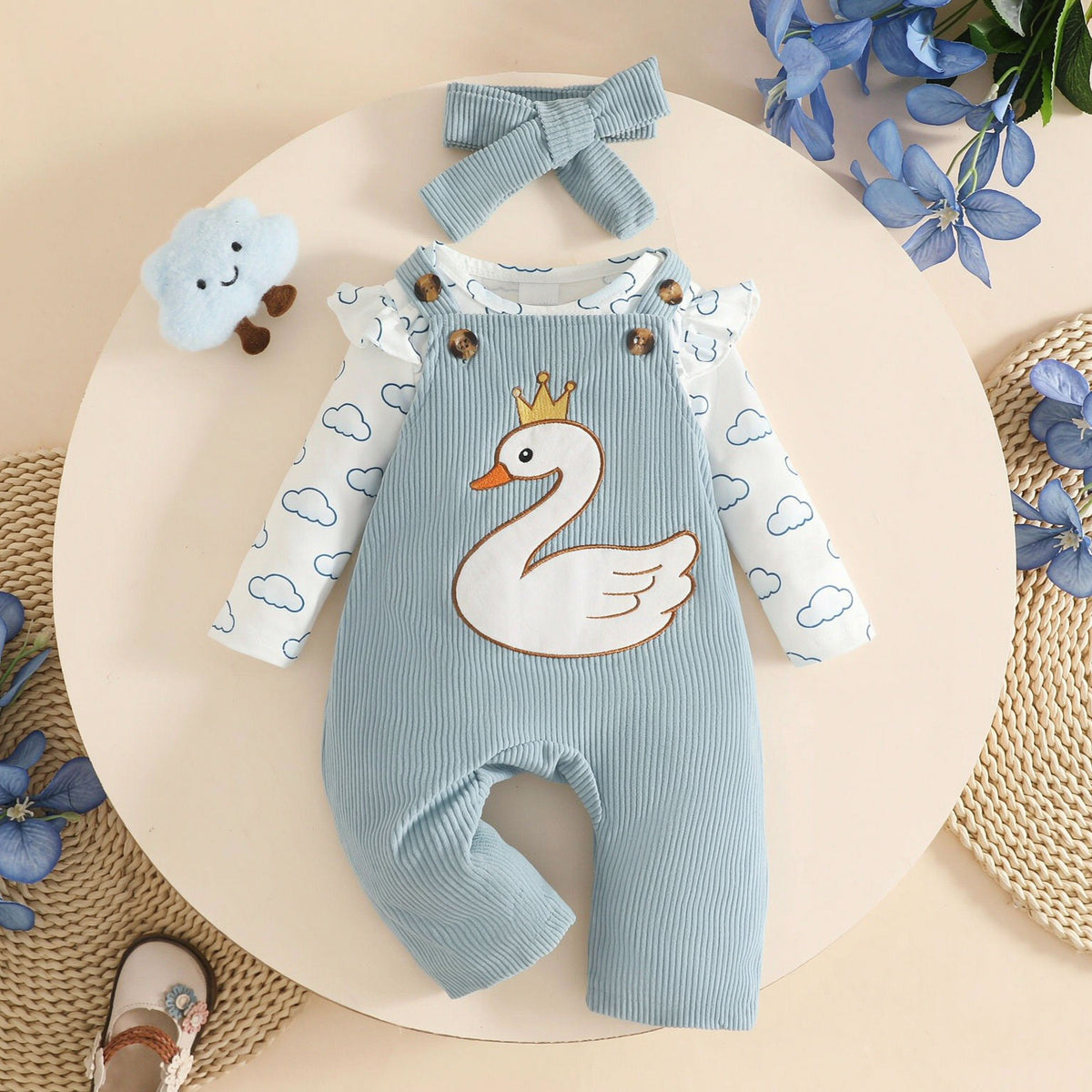3PCS Lovely Swan Embroidered Cloud Print Baby Girl Overalls Set