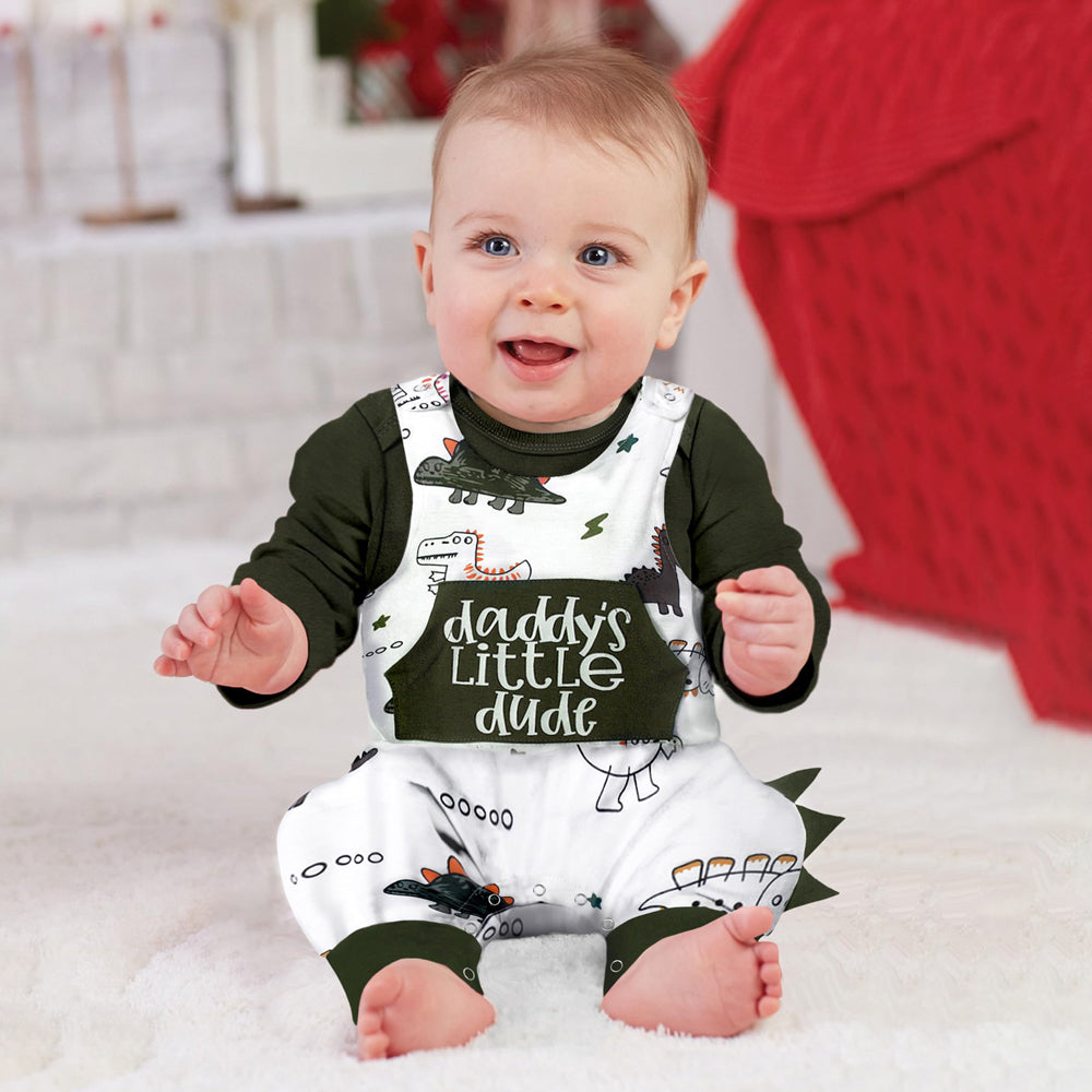 3PCS Daddy's Little Dude Letter Dinosaur Printed Long Sleeve Baby Set