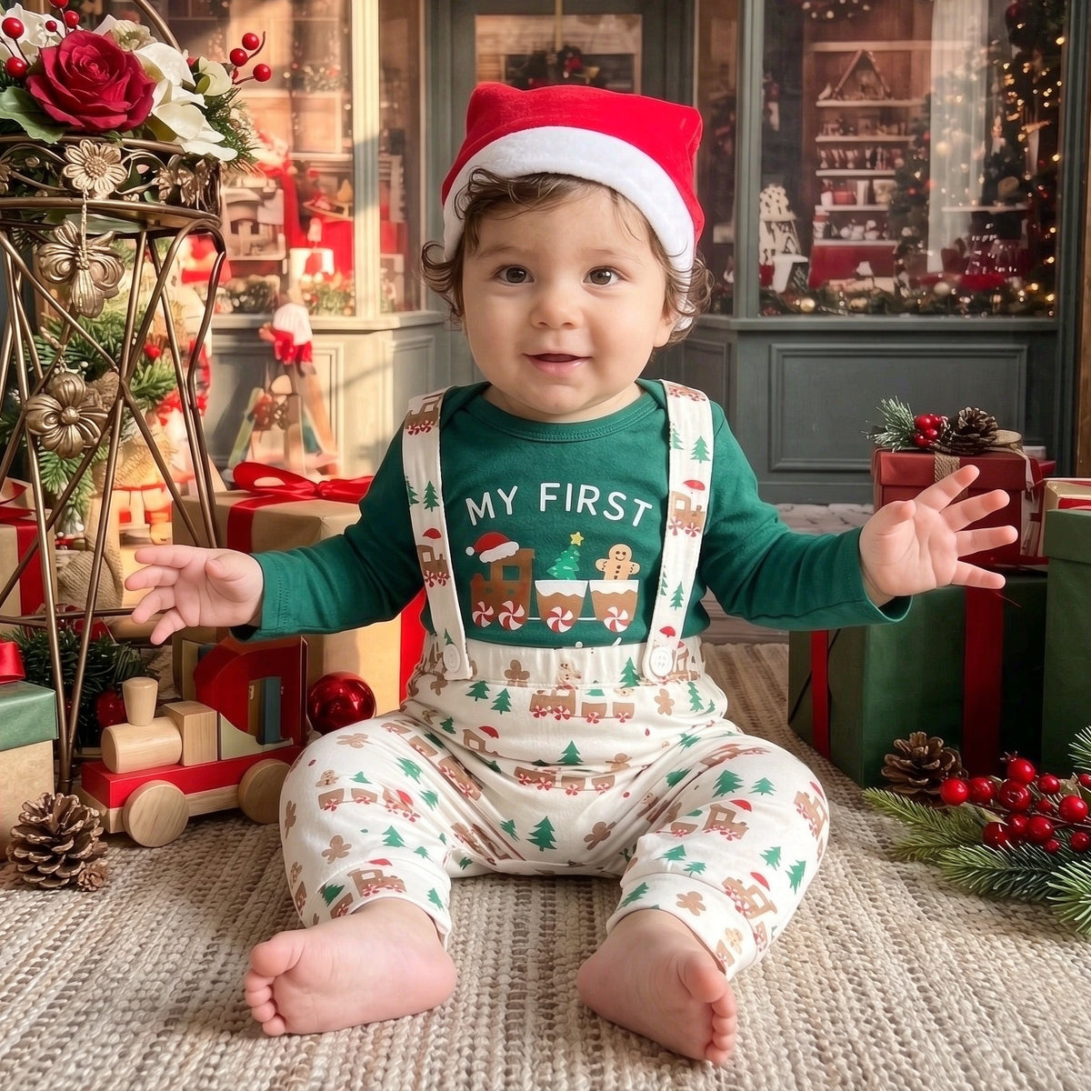 3PCS My First Christmas Letter Train Gingerbread Printed Baby Overalls Set