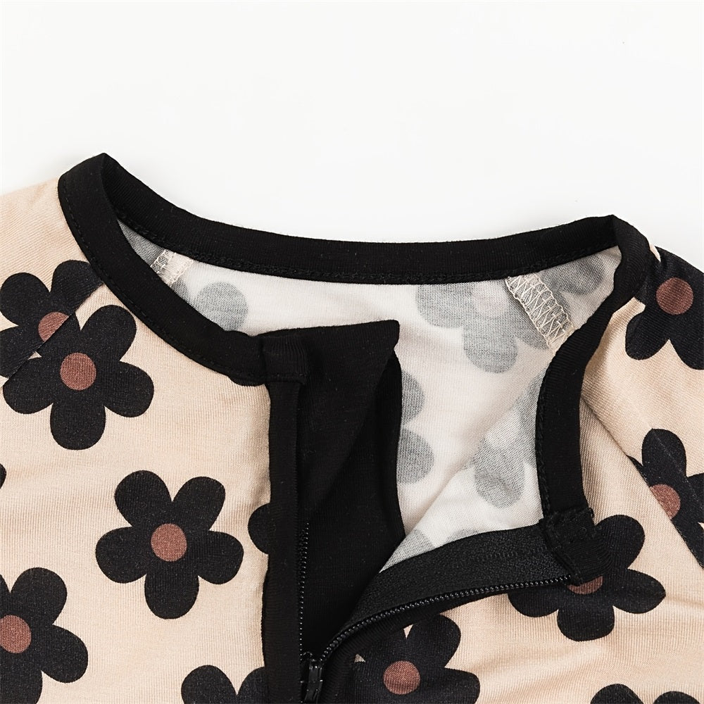 Cute Floral Print Long Sleeve Zipper Baby Jumpsuit
