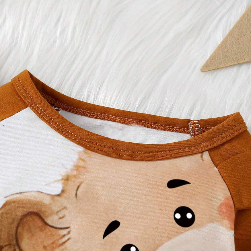2PCS Casual Hello Letter Bear Print Long Sleeve Baby Jumpsuit