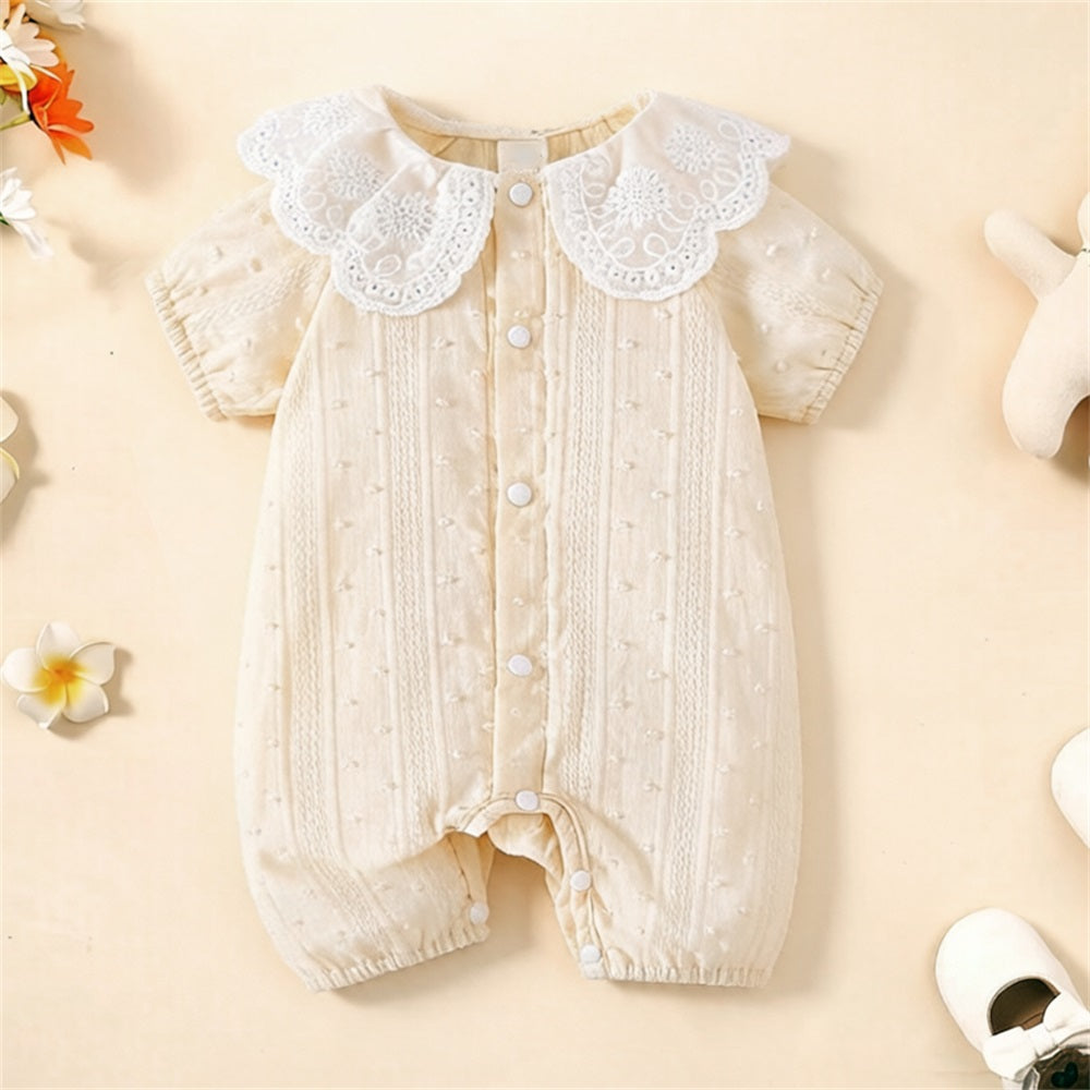 Summer Lace Hollow Floral Collar Short Sleeve Baby Jumpsuit