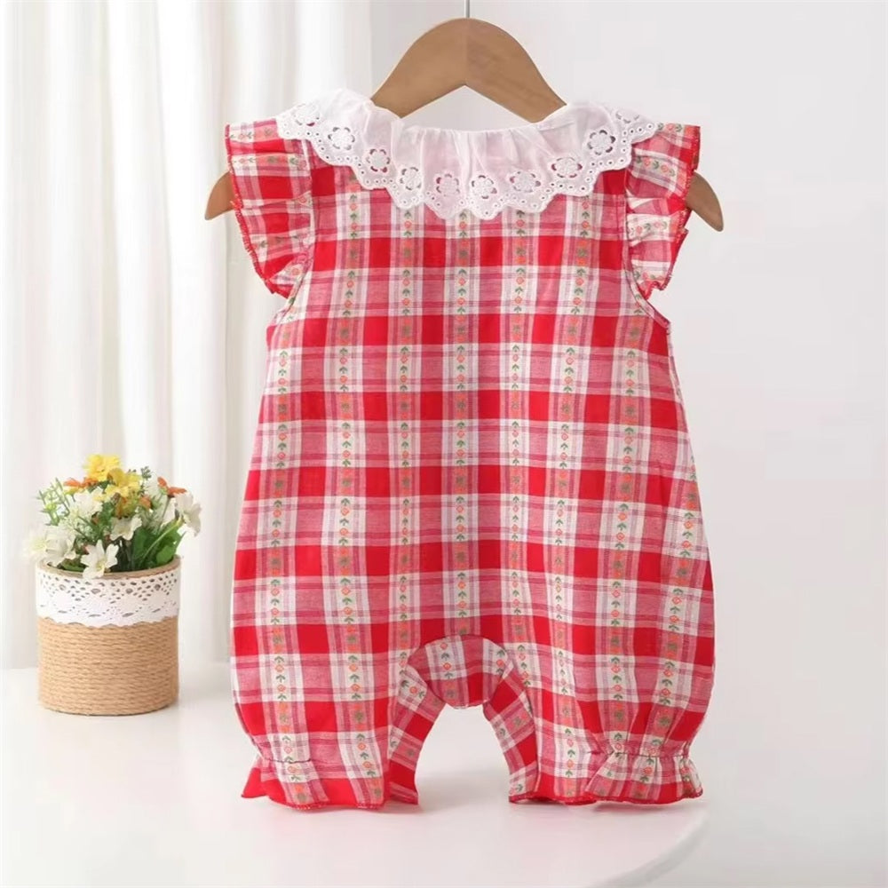 2PCS Pretty Plaid Floral Print Flutter Sleeve Baby Jumpsuit