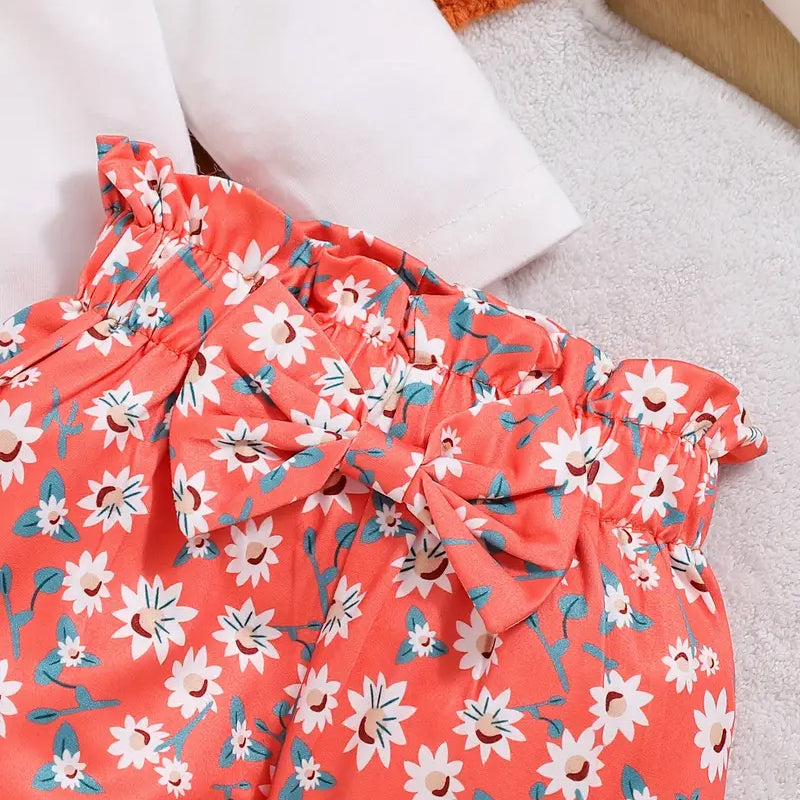 3PCS Cartoon Floral Heart Print Ruffled Long Sleeve Baby Set