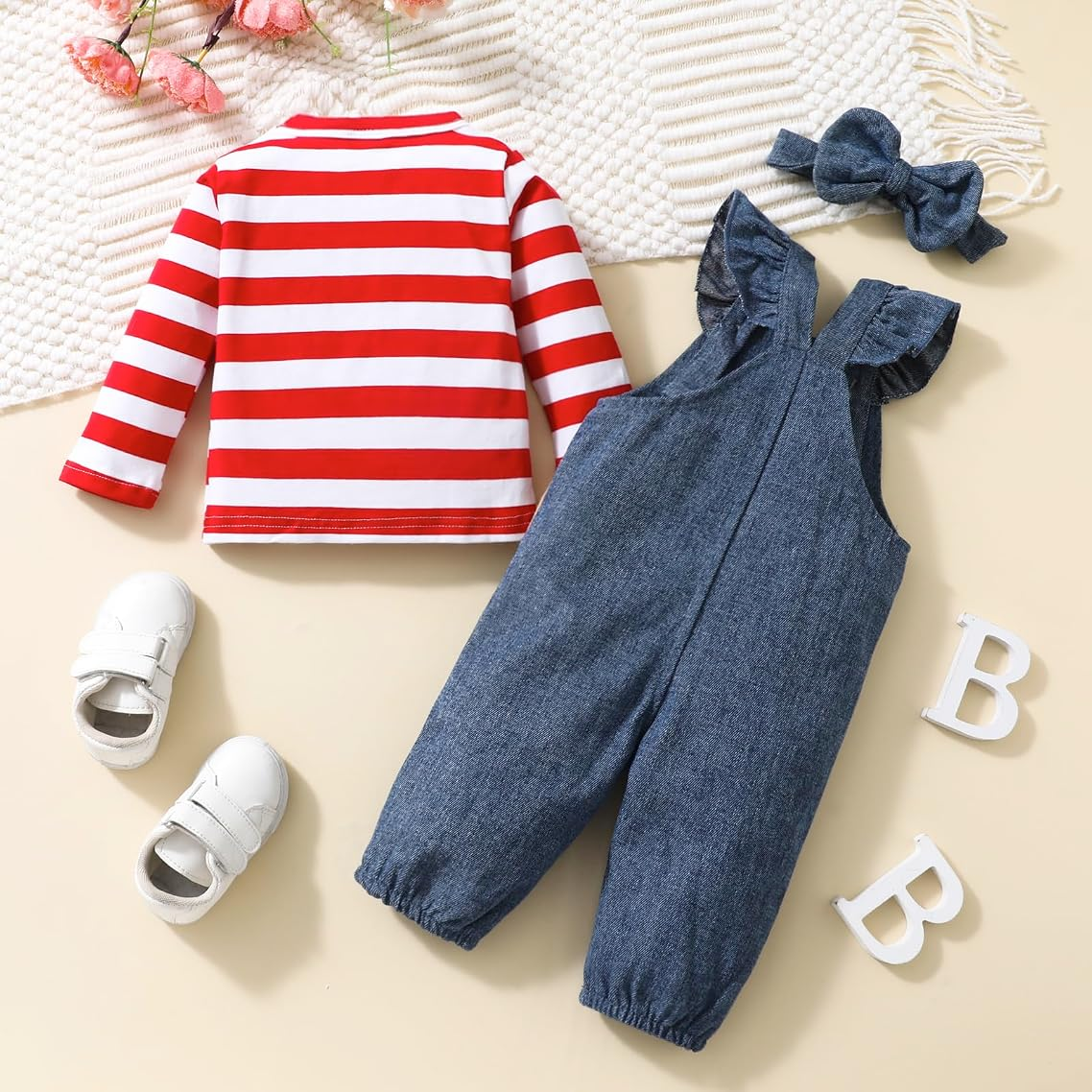 3PCS Giraffe Applique Stripe Print Long Sleeve Baby Girl Denim Overalls Set