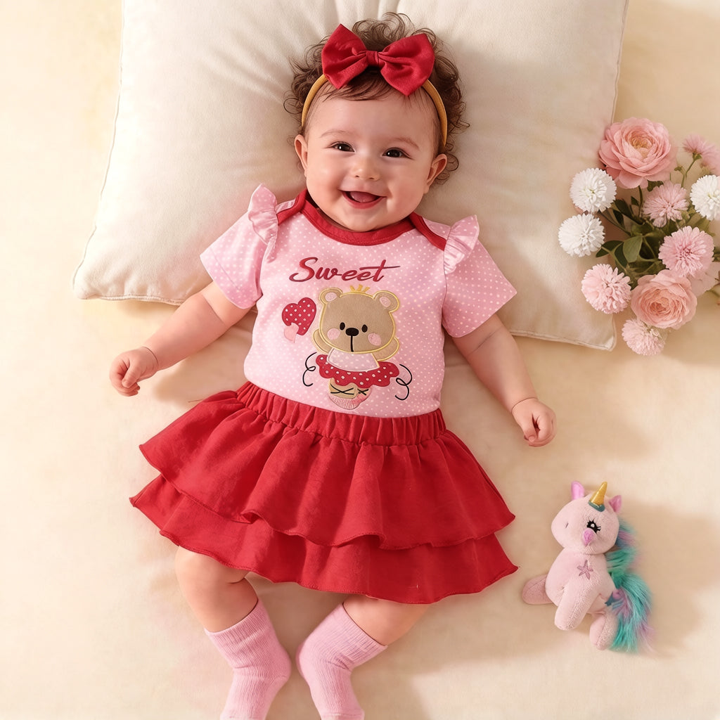 3PCS Cute Bear Appliqué Polka Dots Print Short Sleeve Baby Set