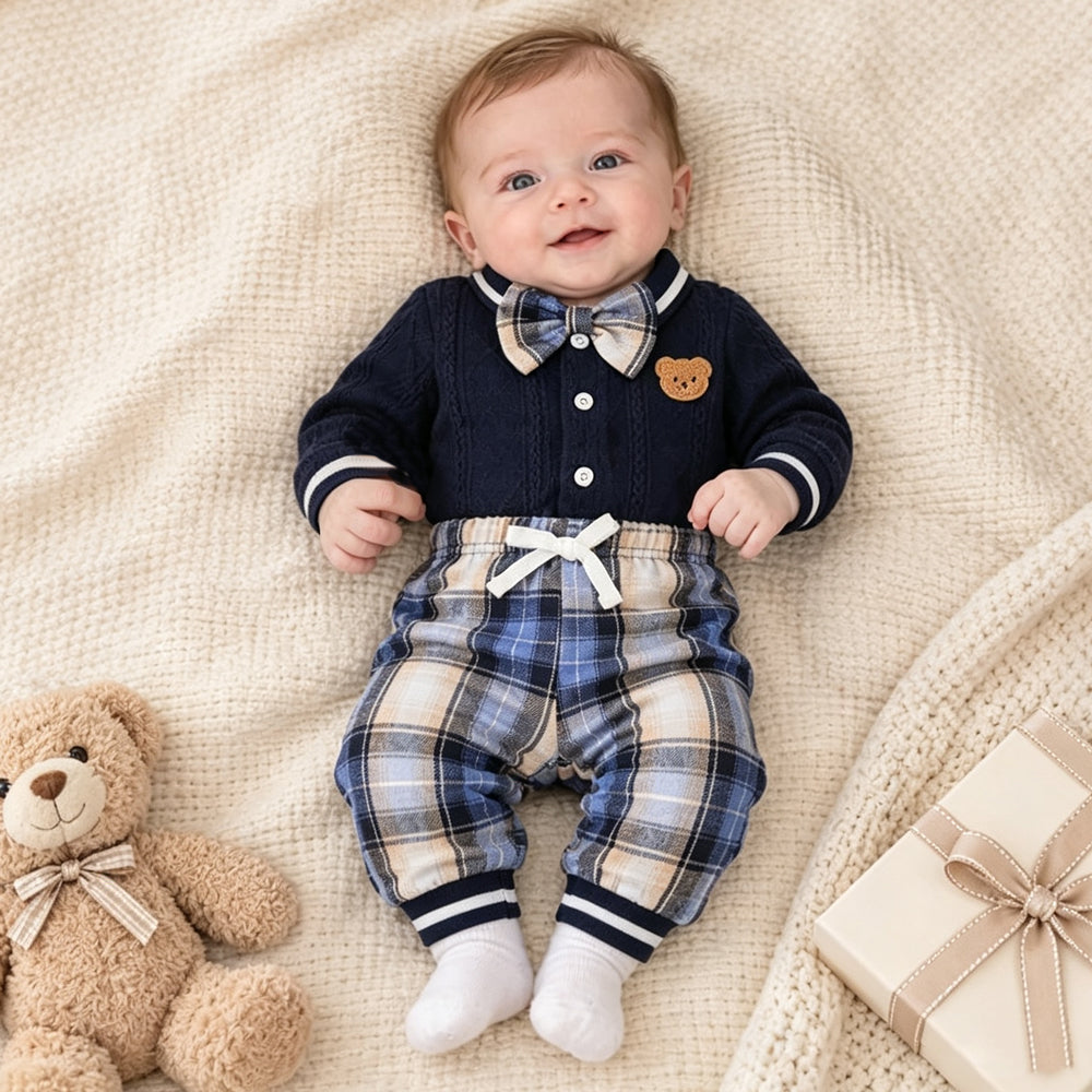 2PCS Casual Bear Applique Plaid Print Long Sleeve Baby Boy Set