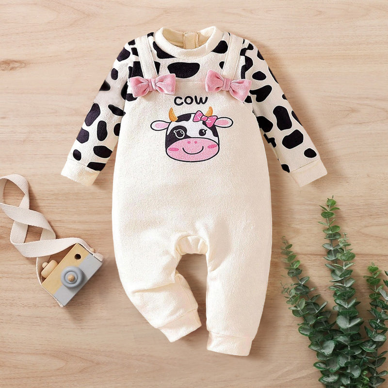 Cute Cow Printed Bowknot Decor Long Sleeve Baby Jumpsuit