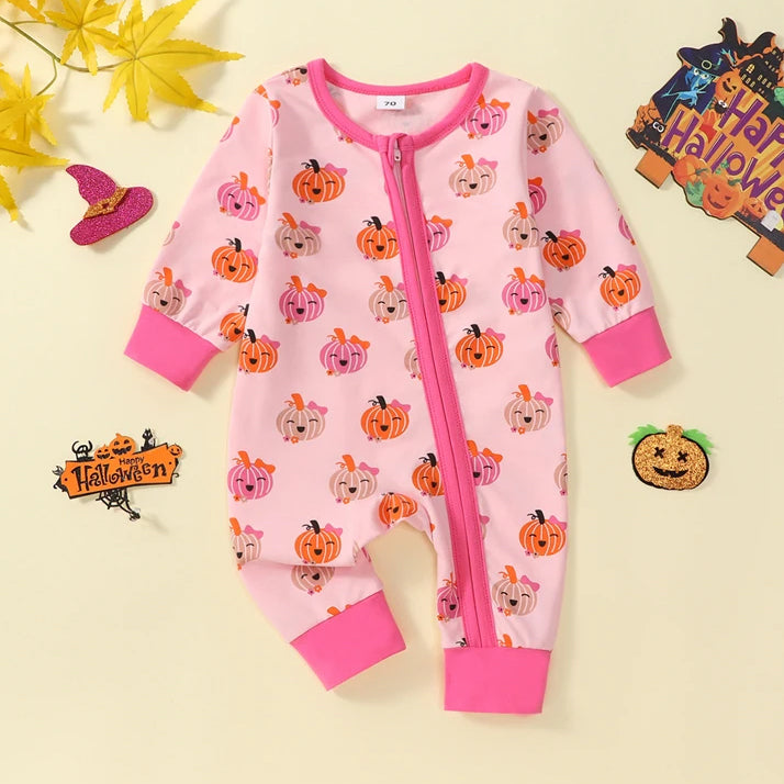 Cute Pumpkin Printed Long Sleeve Halloween Baby Jumpsuit