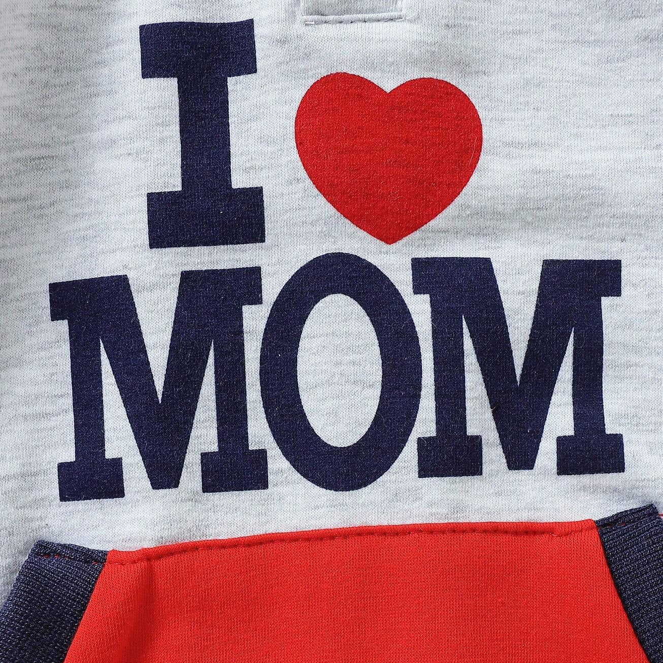 "I Love Mom" Letter Print Color Blocking Pocket Hooded Baby Jumpsuit