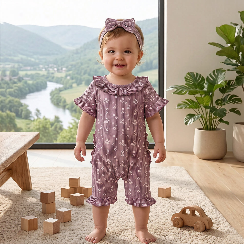 2PCS Sweet All-over Daisy Print Short Sleeve Baby Jumpsuit