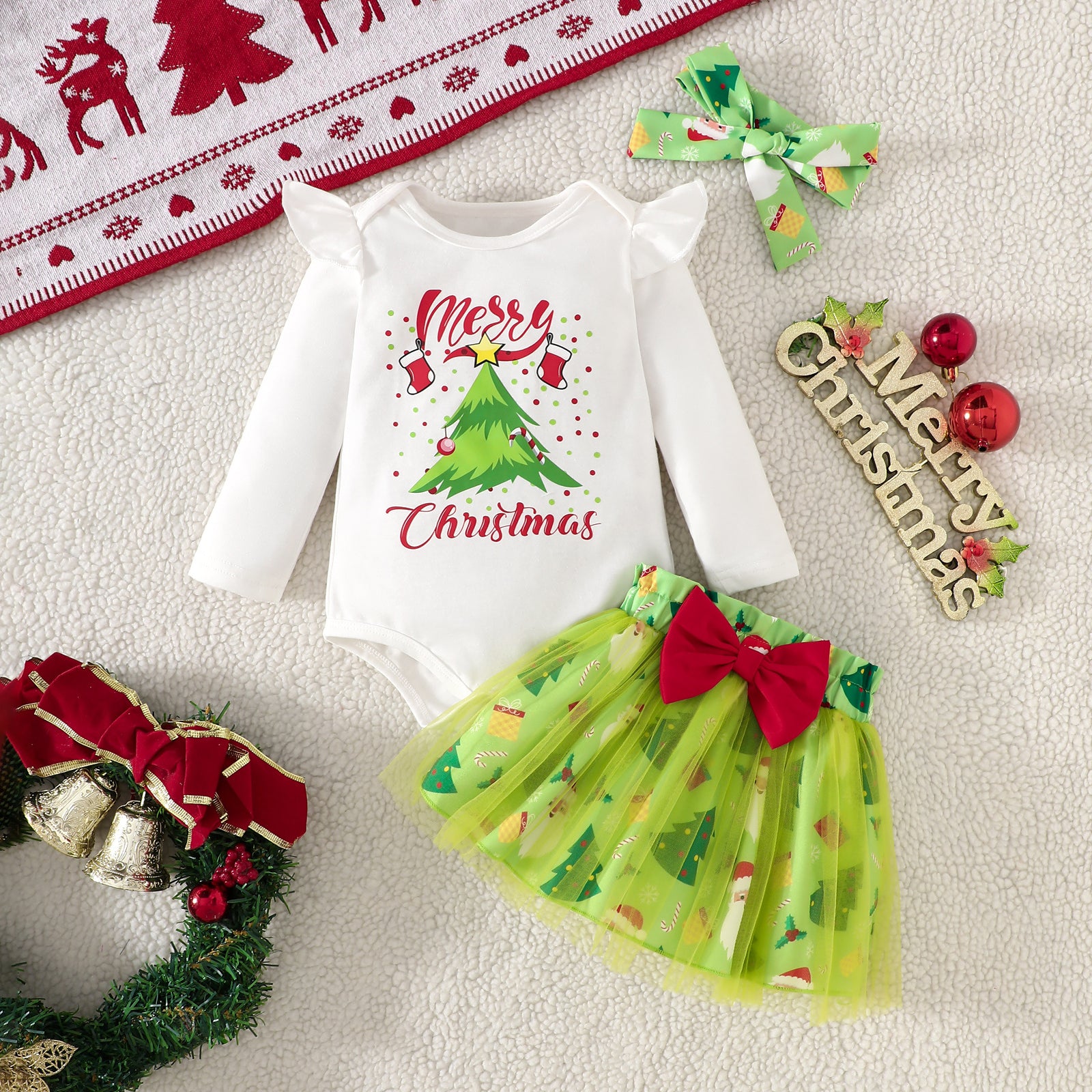 3PCS Merry Christmas Letter Printed Long Sleeve Baby Set