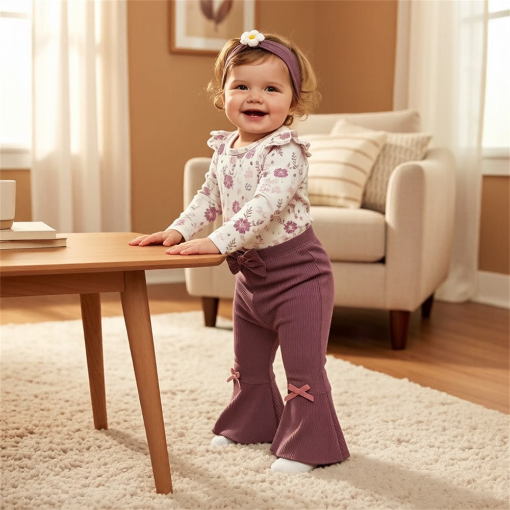 3PCS Classy Floral Print Long Sleeve Bowknot Decor Baby Set