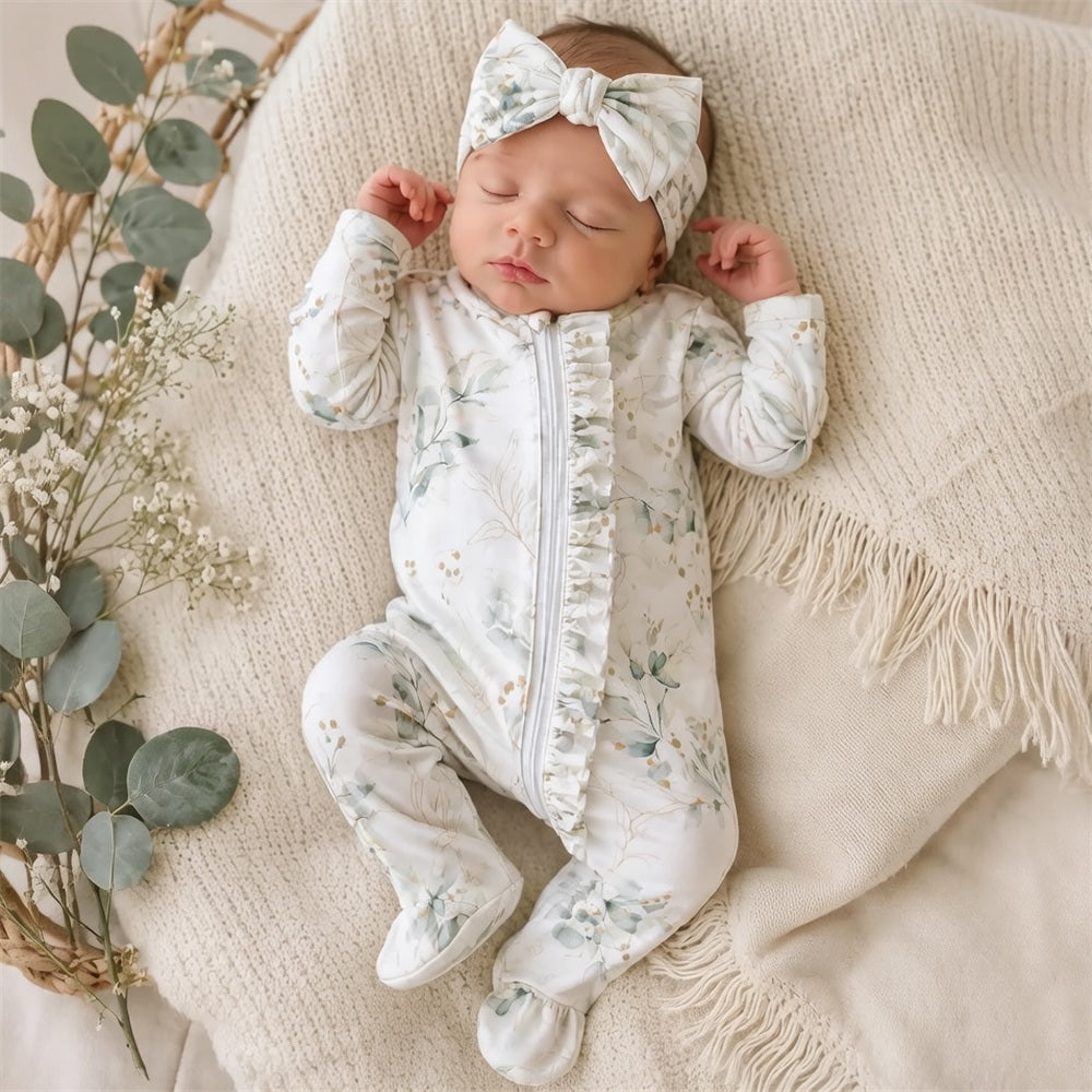 2PCS Refined Floral Printed Ruffle Decor Zipper Baby Jumpsuit