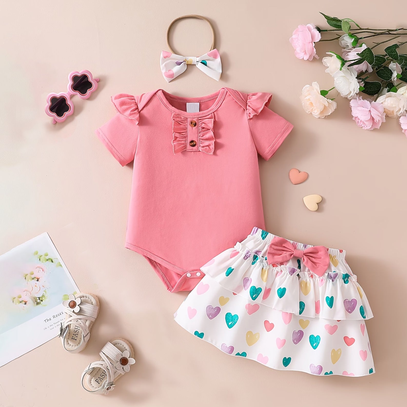 3PCS Fashion Heart Print Bow Long Sleeve Baby Skirt Set