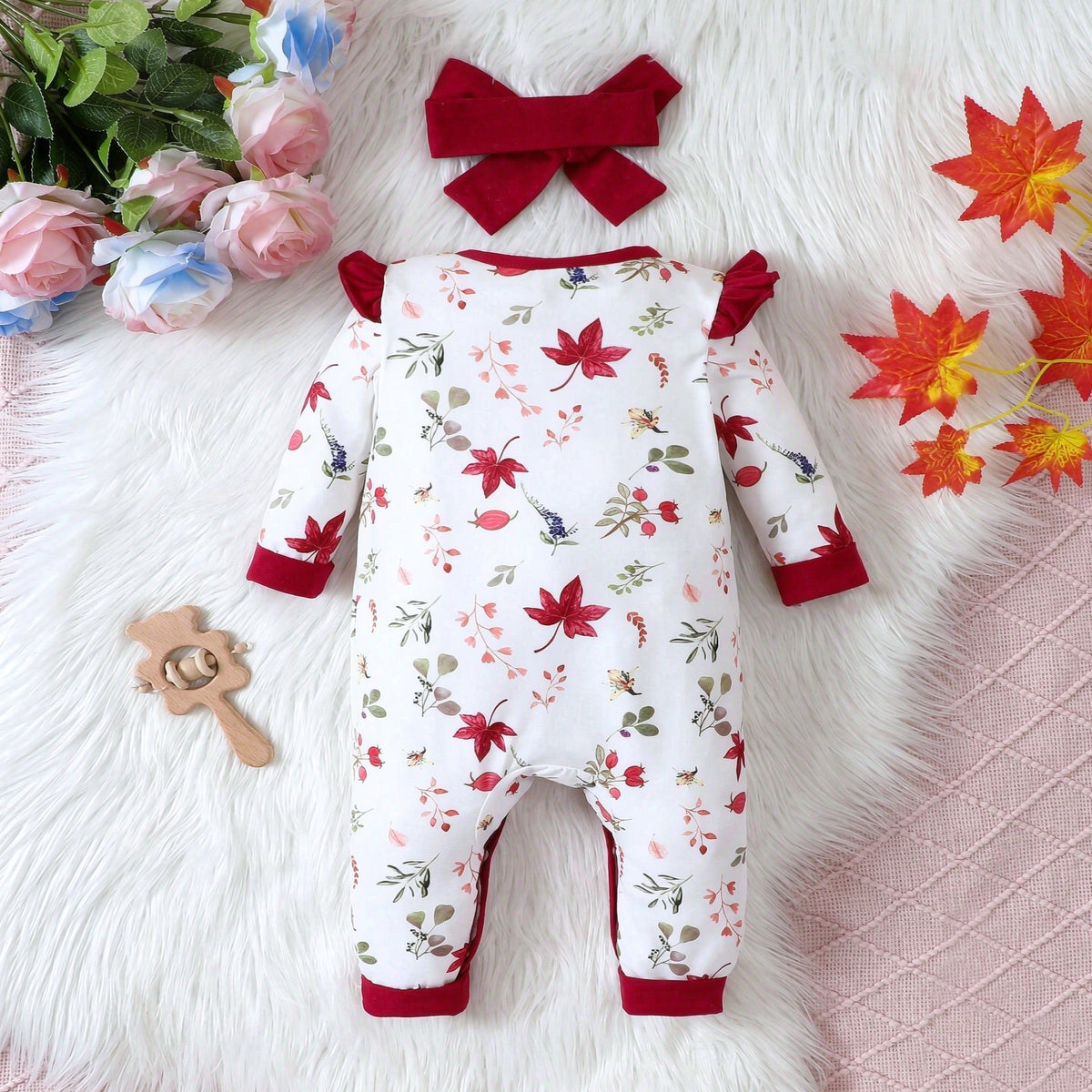 2PCS Allover Leaf Print Long Sleeve Baby Girl Jumpsuit