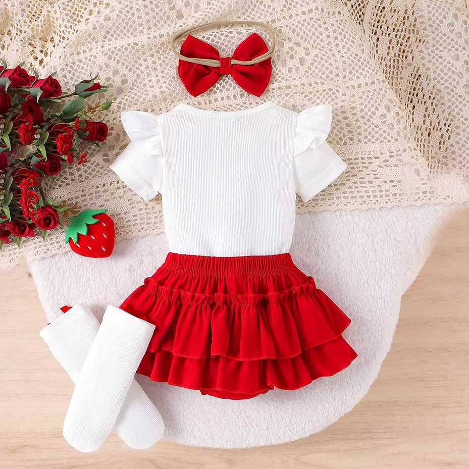 4PCS Sweet Cherry Embroidery Short Sleeve Baby Set