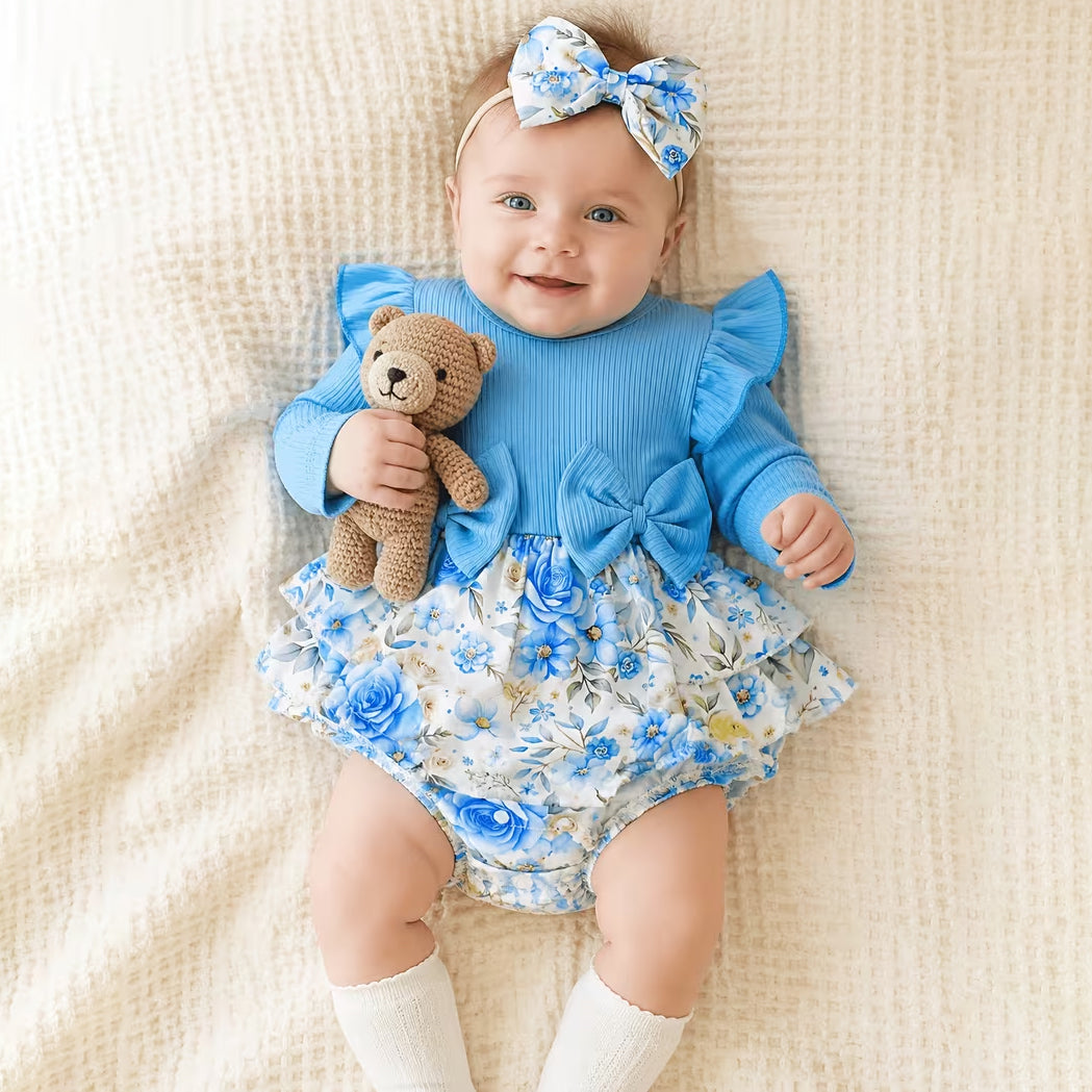 2PCS Baby Girl Floral Print Bow Long Sleeve Romper