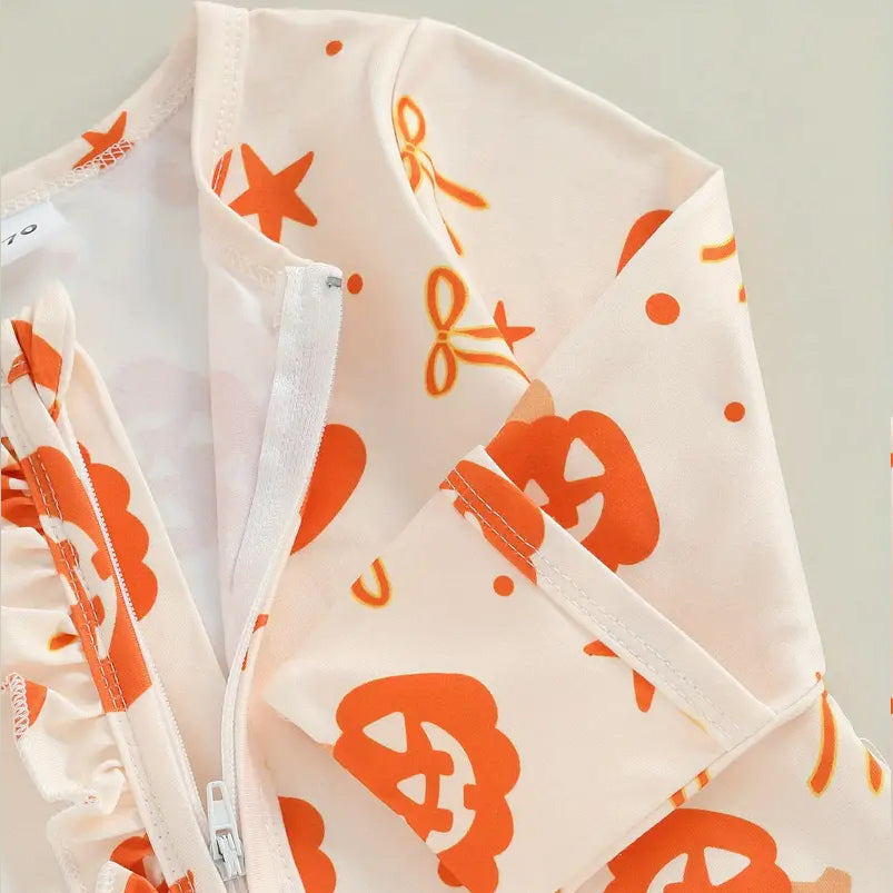 2PCS Pumpkin Print Ruffle Zipper Long Sleeve Baby Jumpsuit