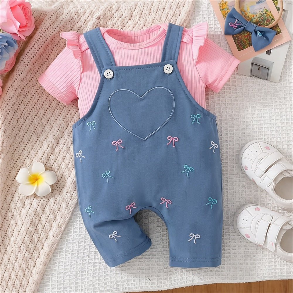 2PCS Adorable Bow Embroidery Short Sleeve Overalls Baby Set